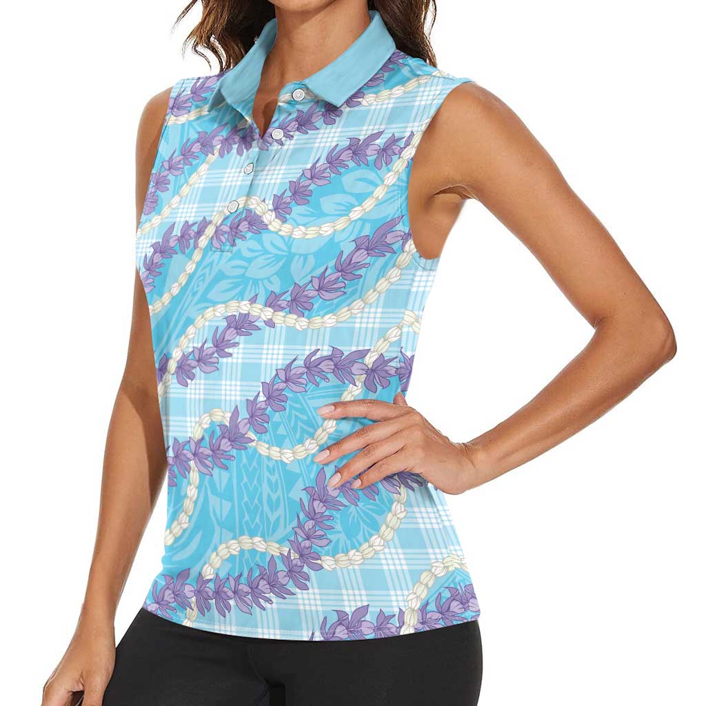 Blue Hawaii Palaka Honohono Pikake Women Sleeveless Polo Shirt Hawaiian Orchid Lei Polynesian Pattern - Polynesian Pride
