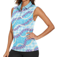 Blue Hawaii Palaka Honohono Pikake Women Sleeveless Polo Shirt Hawaiian Orchid Lei Polynesian Pattern - Polynesian Pride