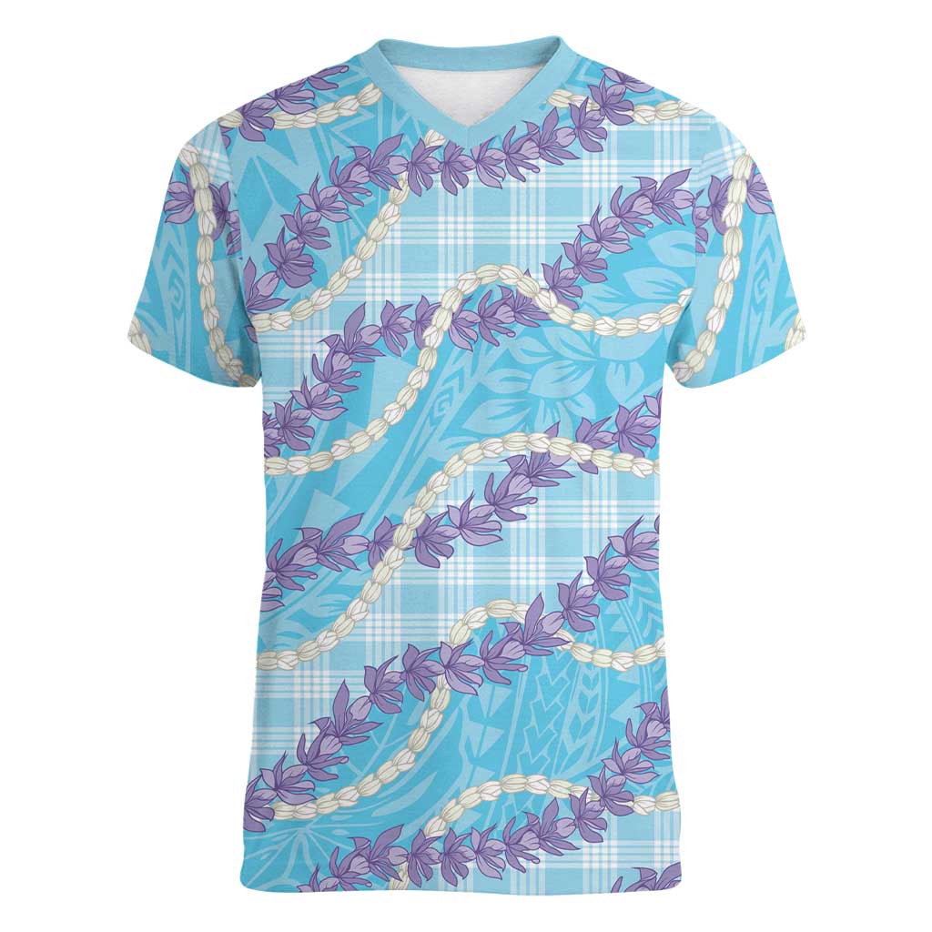 Blue Hawaii Palaka Honohono Pikake Women V-Neck T-Shirt Hawaiian Orchid Lei Polynesian Pattern - Polynesian Pride