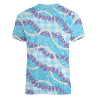 Blue Hawaii Palaka Honohono Pikake Women V-Neck T-Shirt Hawaiian Orchid Lei Polynesian Pattern - Polynesian Pride
