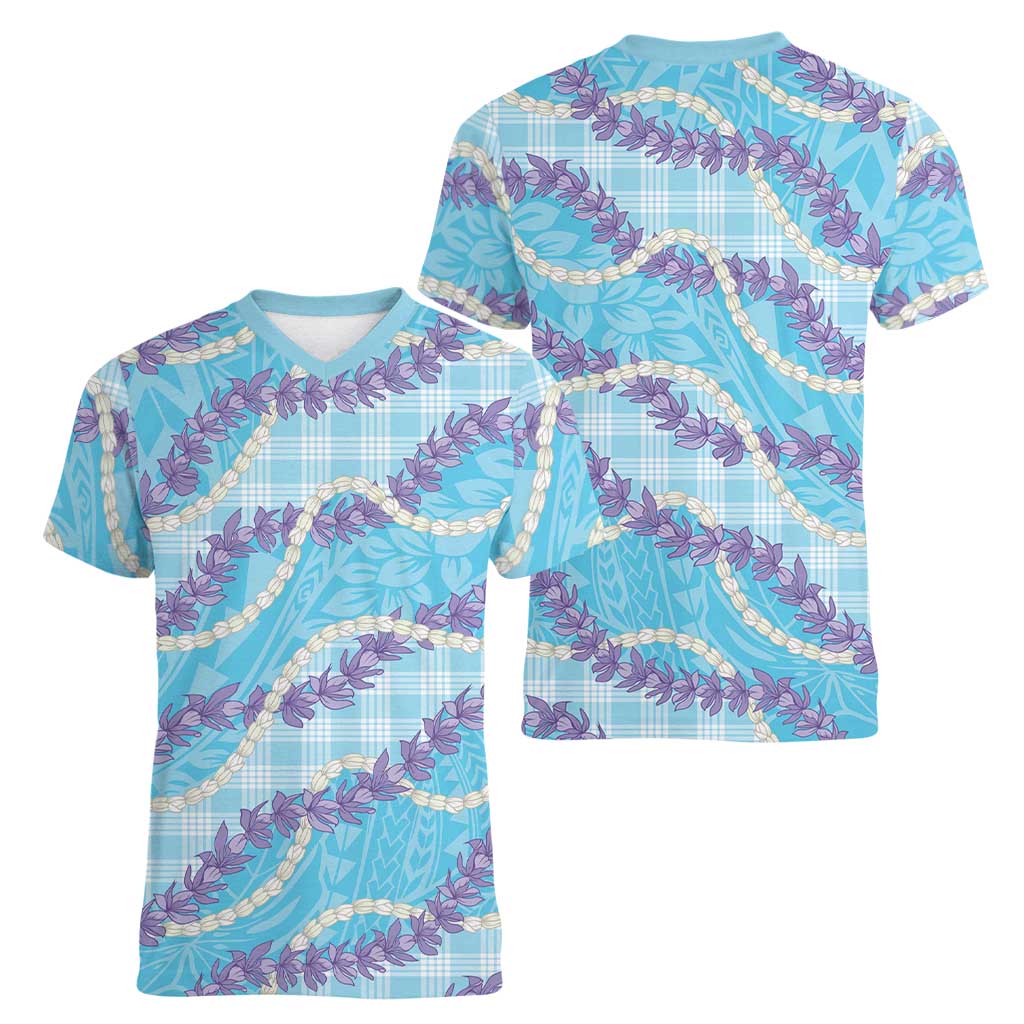 Blue Hawaii Palaka Honohono Pikake Women V-Neck T-Shirt Hawaiian Orchid Lei Polynesian Pattern - Polynesian Pride