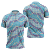 Blue Hawaii Palaka Honohono Pikake Zipper Polo Shirt Hawaiian Orchid Lei Polynesian Pattern - Polynesian Pride