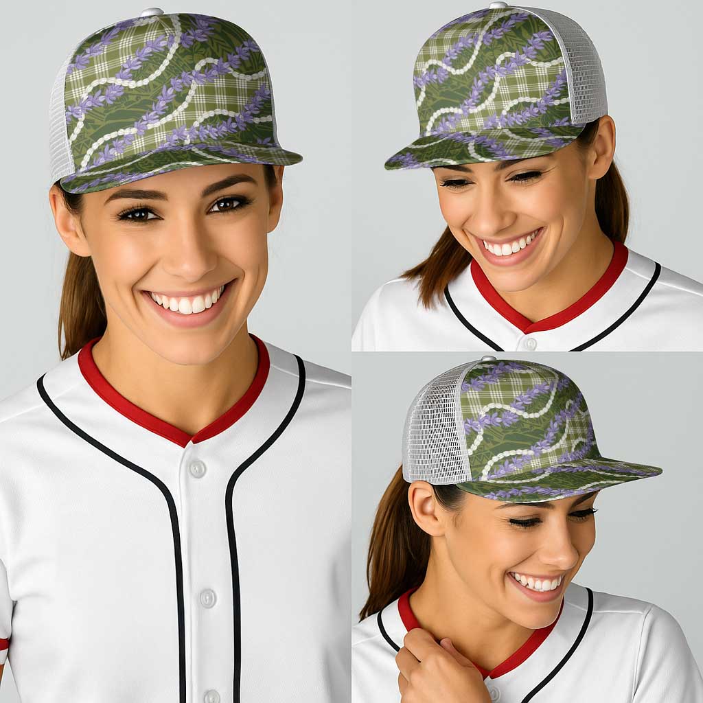 Green Hawaii Palaka Honohono Pikake Baseball Net Cap Hawaiian Orchid Lei Polynesian Pattern - Polynesian Pride