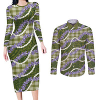Green Hawaii Palaka Honohono Pikake Couples Matching Long Sleeve Bodycon Dress and Long Sleeve Button Shirt Hawaiian Orchid Lei Polynesian Pattern LT14 Green - Polynesian Pride