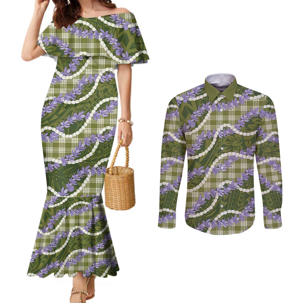 Green Hawaii Palaka Honohono Pikake Couples Matching Mermaid Dress and Long Sleeve Button Shirt Hawaiian Orchid Lei Polynesian Pattern LT14 Green - Polynesian Pride