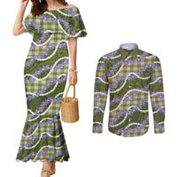Green Hawaii Palaka Honohono Pikake Couples Matching Mermaid Dress and Long Sleeve Button Shirt Hawaiian Orchid Lei Polynesian Pattern LT14 Green - Polynesian Pride