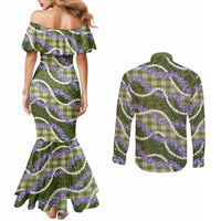 Green Hawaii Palaka Honohono Pikake Couples Matching Mermaid Dress and Long Sleeve Button Shirt Hawaiian Orchid Lei Polynesian Pattern LT14 - Polynesian Pride