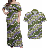 Green Hawaii Palaka Honohono Pikake Couples Matching Off Shoulder Maxi Dress and Hawaiian Shirt Hawaiian Orchid Lei Polynesian Pattern LT14 Green - Polynesian Pride