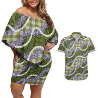 Green Hawaii Palaka Honohono Pikake Couples Matching Off Shoulder Short Dress and Hawaiian Shirt Hawaiian Orchid Lei Polynesian Pattern LT14 Green - Polynesian Pride