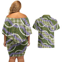Green Hawaii Palaka Honohono Pikake Couples Matching Off Shoulder Short Dress and Hawaiian Shirt Hawaiian Orchid Lei Polynesian Pattern LT14 - Polynesian Pride