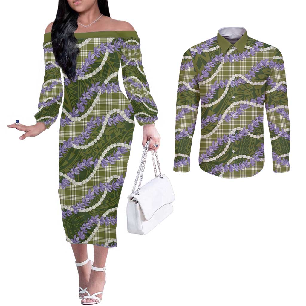 Green Hawaii Palaka Honohono Pikake Couples Matching Off The Shoulder Long Sleeve Dress and Long Sleeve Button Shirt Hawaiian Orchid Lei Polynesian Pattern LT14 Green - Polynesian Pride