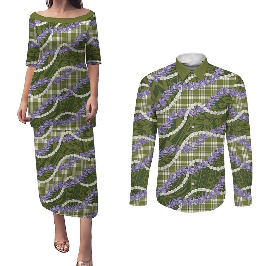 Green Hawaii Palaka Honohono Pikake Couples Matching Puletasi and Long Sleeve Button Shirt Hawaiian Orchid Lei Polynesian Pattern - Polynesian Pride