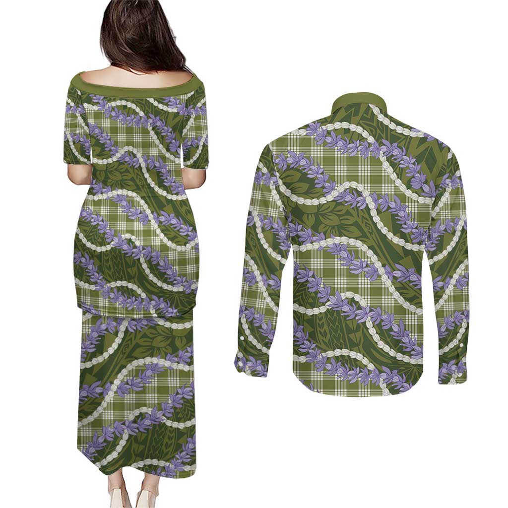 Green Hawaii Palaka Honohono Pikake Couples Matching Puletasi and Long Sleeve Button Shirt Hawaiian Orchid Lei Polynesian Pattern - Polynesian Pride