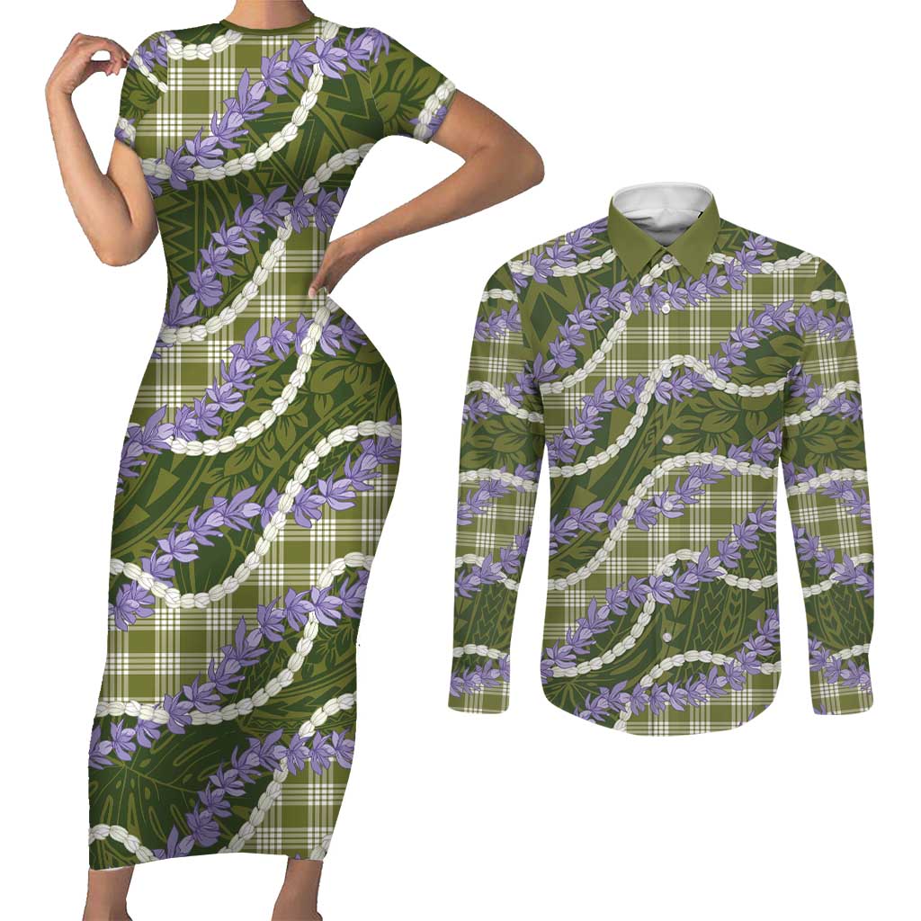 Green Hawaii Palaka Honohono Pikake Couples Matching Short Sleeve Bodycon Dress and Long Sleeve Button Shirt Hawaiian Orchid Lei Polynesian Pattern - Polynesian Pride