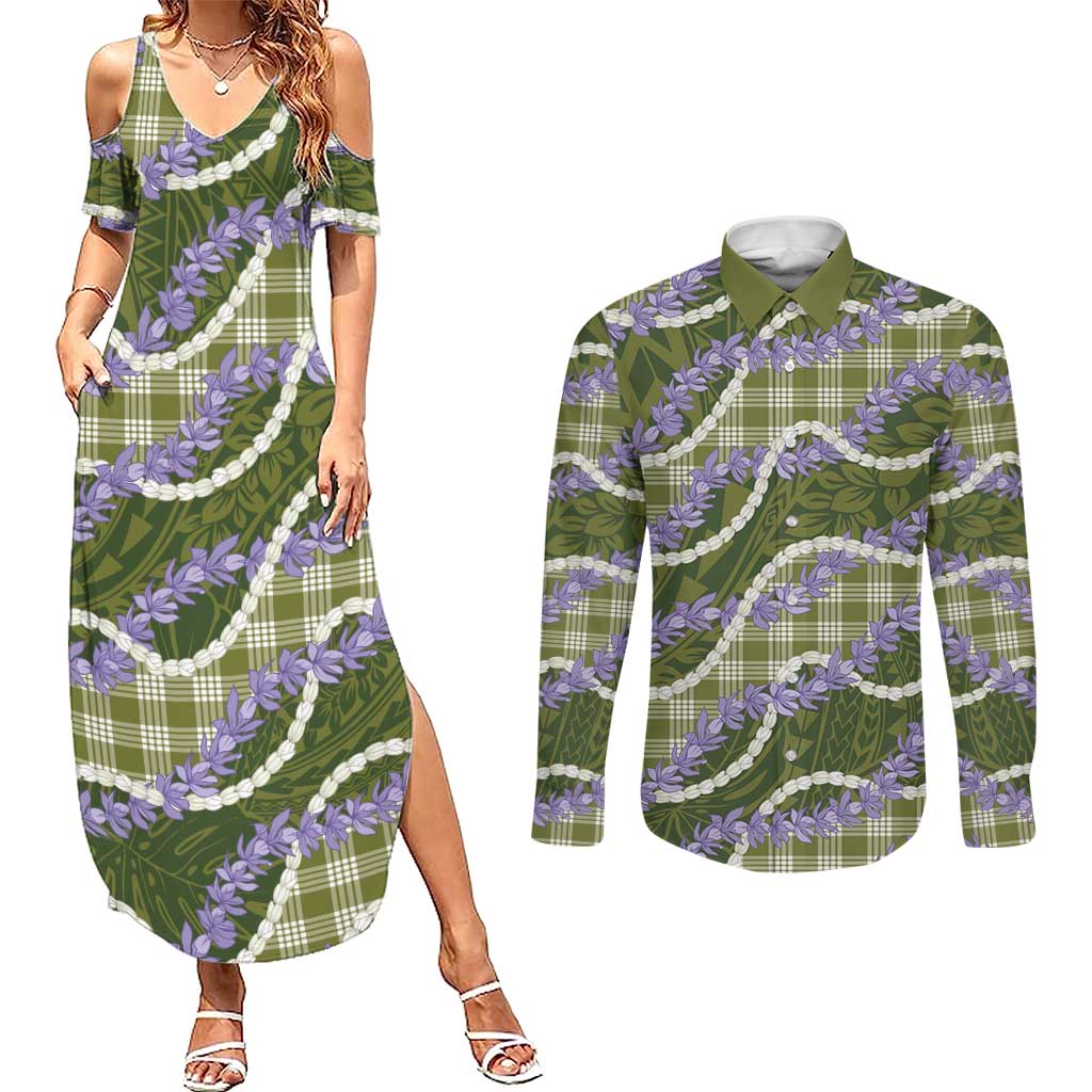 Green Hawaii Palaka Honohono Pikake Couples Matching Summer Maxi Dress and Long Sleeve Button Shirt Hawaiian Orchid Lei Polynesian Pattern - Polynesian Pride