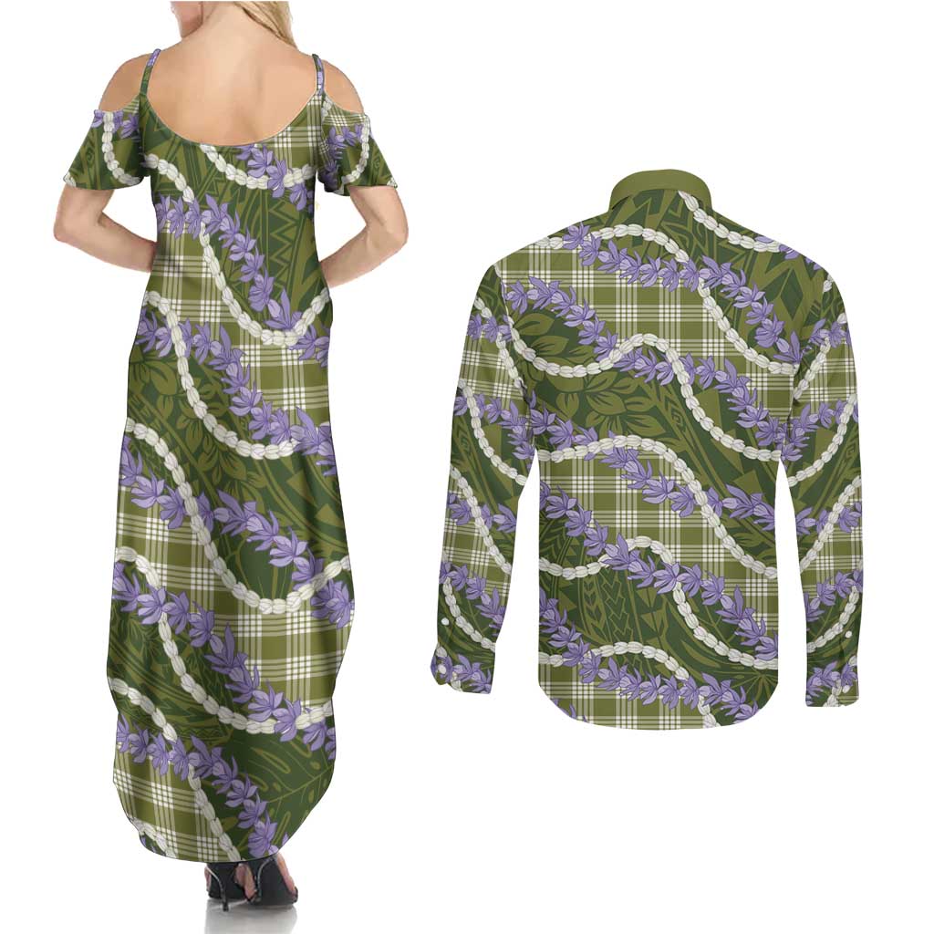 Green Hawaii Palaka Honohono Pikake Couples Matching Summer Maxi Dress and Long Sleeve Button Shirt Hawaiian Orchid Lei Polynesian Pattern - Polynesian Pride