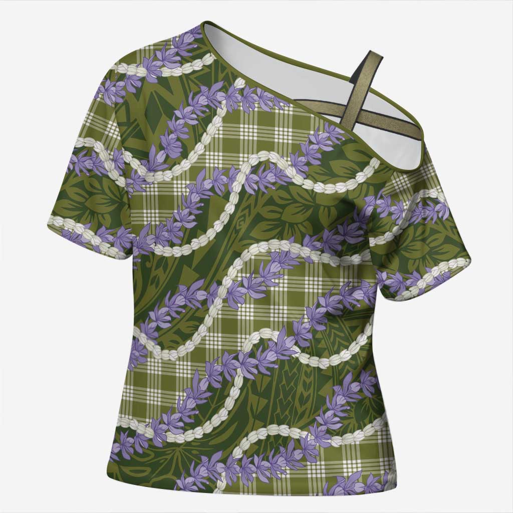 Green Hawaii Palaka Honohono Pikake Cross Shoulder Shirt Hawaiian Orchid Lei Polynesian Pattern - Polynesian Pride