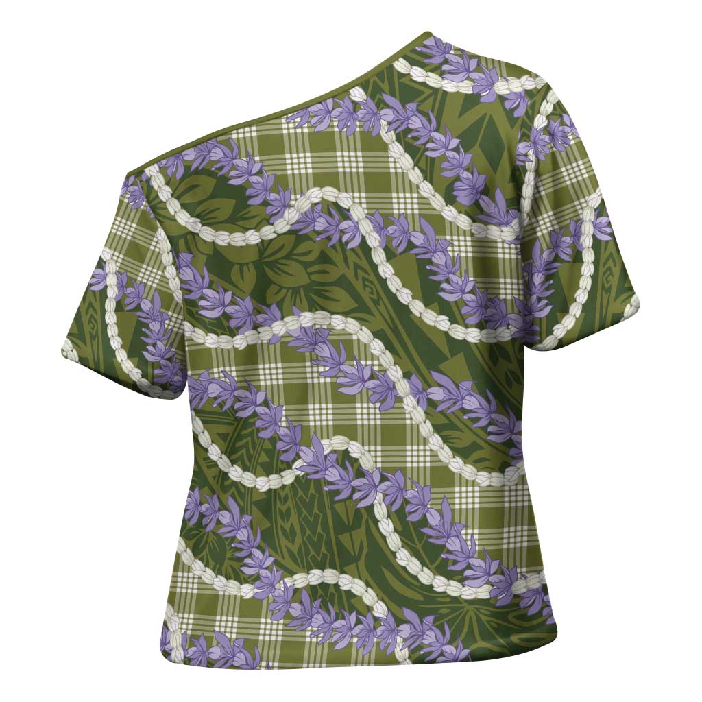 Green Hawaii Palaka Honohono Pikake Cross Shoulder Shirt Hawaiian Orchid Lei Polynesian Pattern - Polynesian Pride