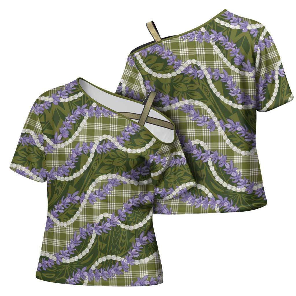 Green Hawaii Palaka Honohono Pikake Cross Shoulder Shirt Hawaiian Orchid Lei Polynesian Pattern - Polynesian Pride