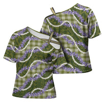 Green Hawaii Palaka Honohono Pikake Cross Shoulder Shirt Hawaiian Orchid Lei Polynesian Pattern - Polynesian Pride