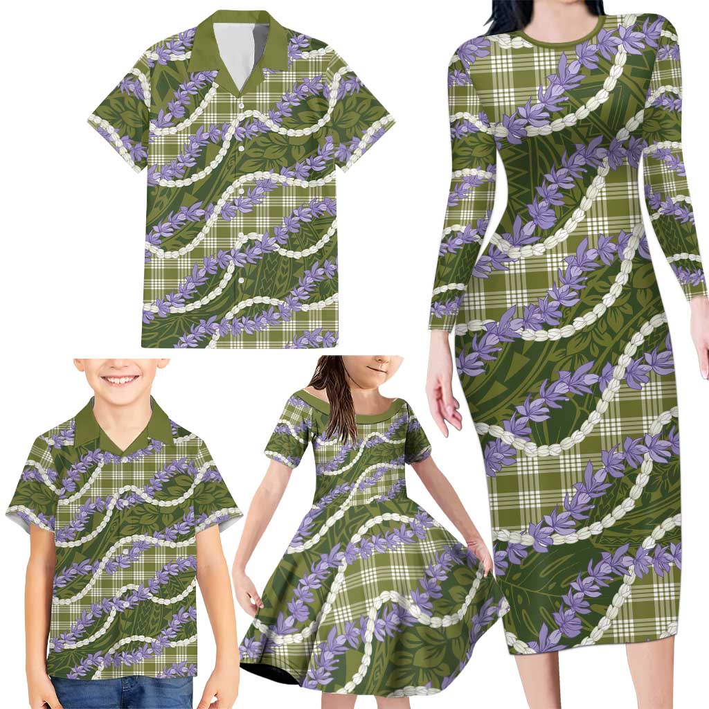 Green Hawaii Palaka Honohono Pikake Family Matching Long Sleeve Bodycon Dress and Hawaiian Shirt Hawaiian Orchid Lei Polynesian Pattern - Polynesian Pride