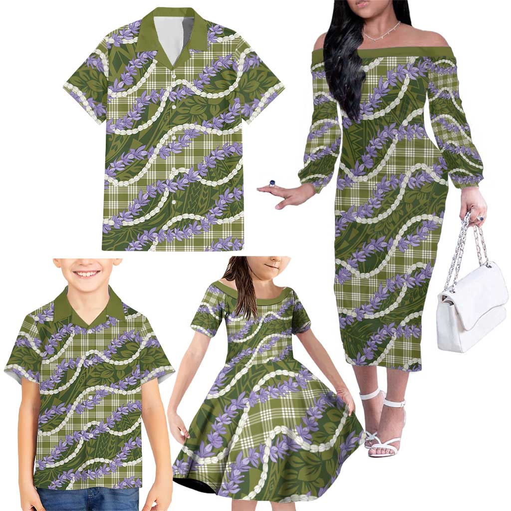 Green Hawaii Palaka Honohono Pikake Family Matching Off The Shoulder Long Sleeve Dress and Hawaiian Shirt Hawaiian Orchid Lei Polynesian Pattern LT14 - Polynesian Pride