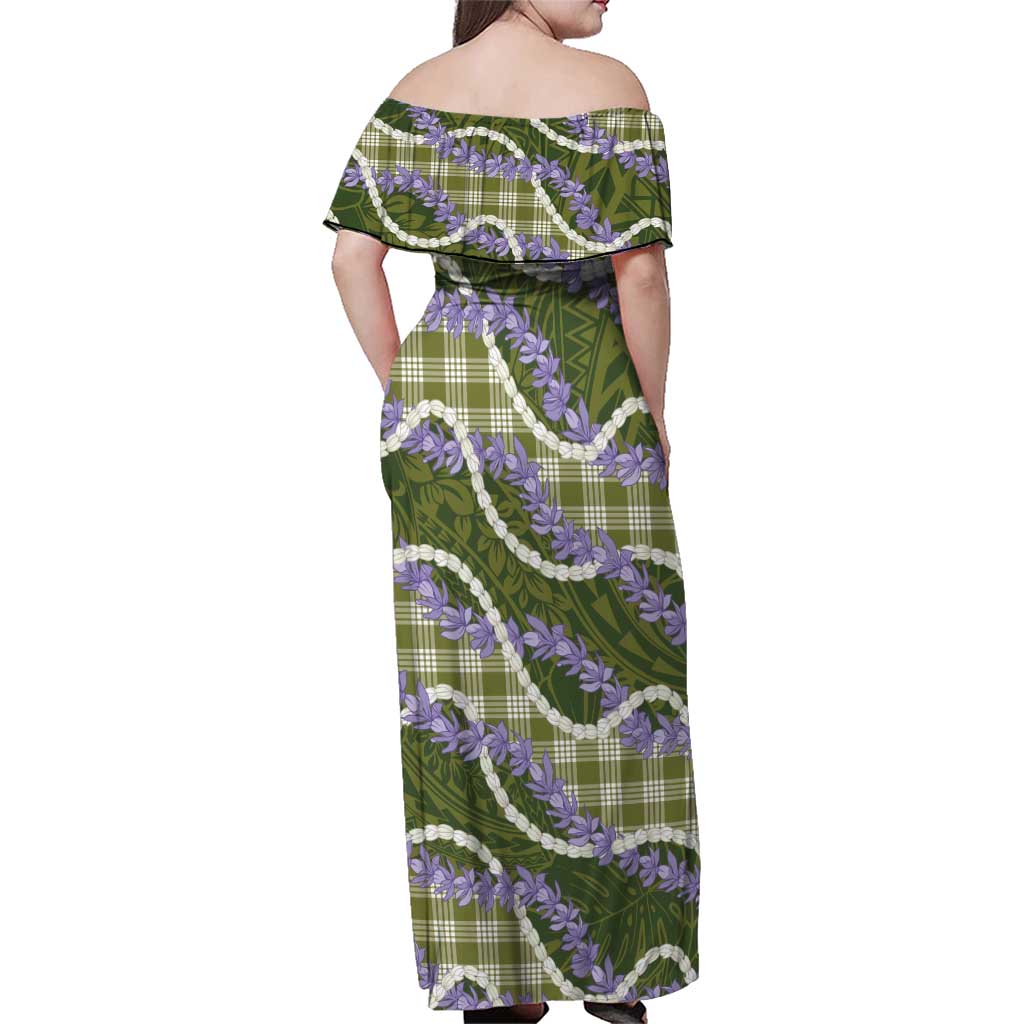 Green Hawaii Palaka Honohono Pikake Family Matching Off Shoulder Maxi Dress and Hawaiian Shirt Hawaiian Orchid Lei Polynesian Pattern LT14 - Polynesian Pride