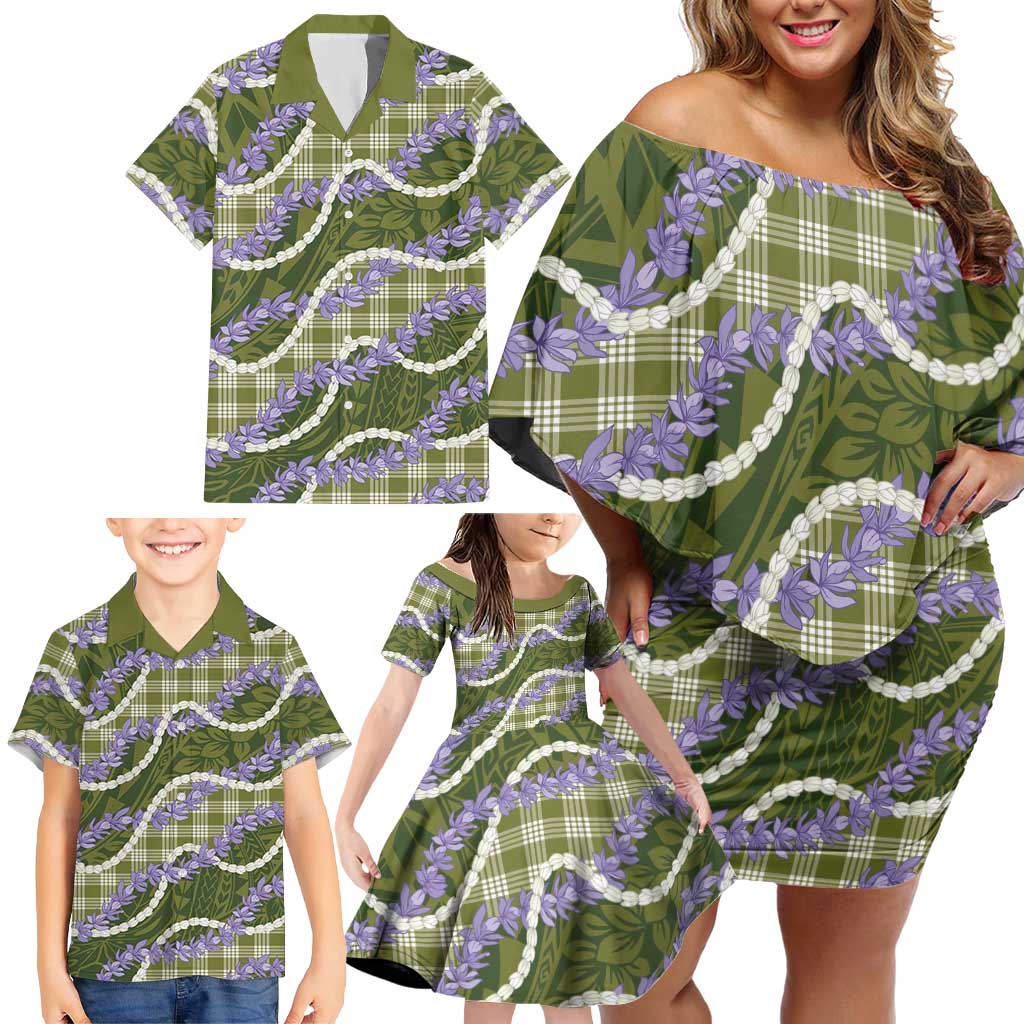 Green Hawaii Palaka Honohono Pikake Family Matching Off Shoulder Short Dress and Hawaiian Shirt Hawaiian Orchid Lei Polynesian Pattern - Polynesian Pride
