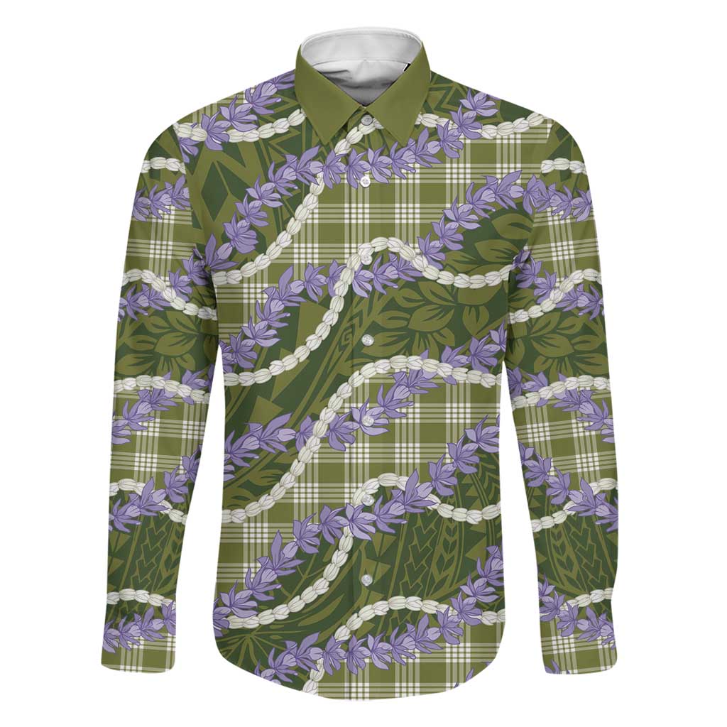 Green Hawaii Palaka Honohono Pikake Family Matching Puletasi and Hawaiian Shirt Hawaiian Orchid Lei Polynesian Pattern LT14 Dad's Shirt - Long Sleeve Green - Polynesian Pride