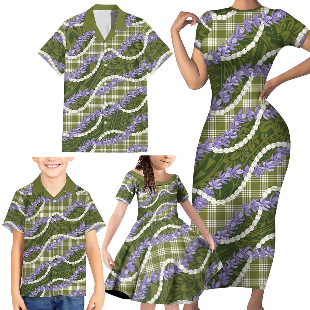 Green Hawaii Palaka Honohono Pikake Family Matching Short Sleeve Bodycon Dress and Hawaiian Shirt Hawaiian Orchid Lei Polynesian Pattern - Polynesian Pride