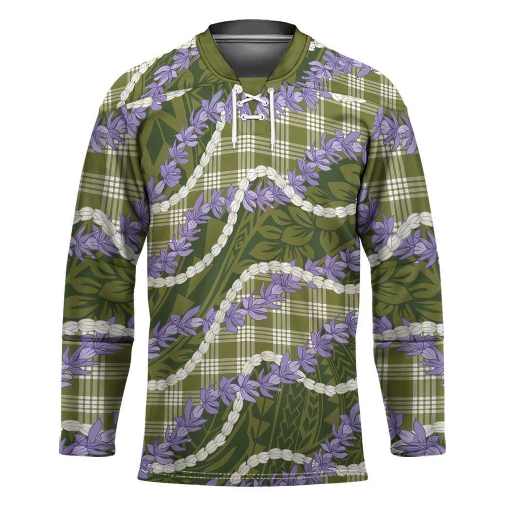 Green Hawaii Palaka Honohono Pikake Hockey Jersey Hawaiian Orchid Lei Polynesian Pattern - Polynesian Pride