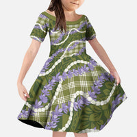 Green Hawaii Palaka Honohono Pikake Kid Short Sleeve Dress Hawaiian Orchid Lei Polynesian Pattern - Polynesian Pride