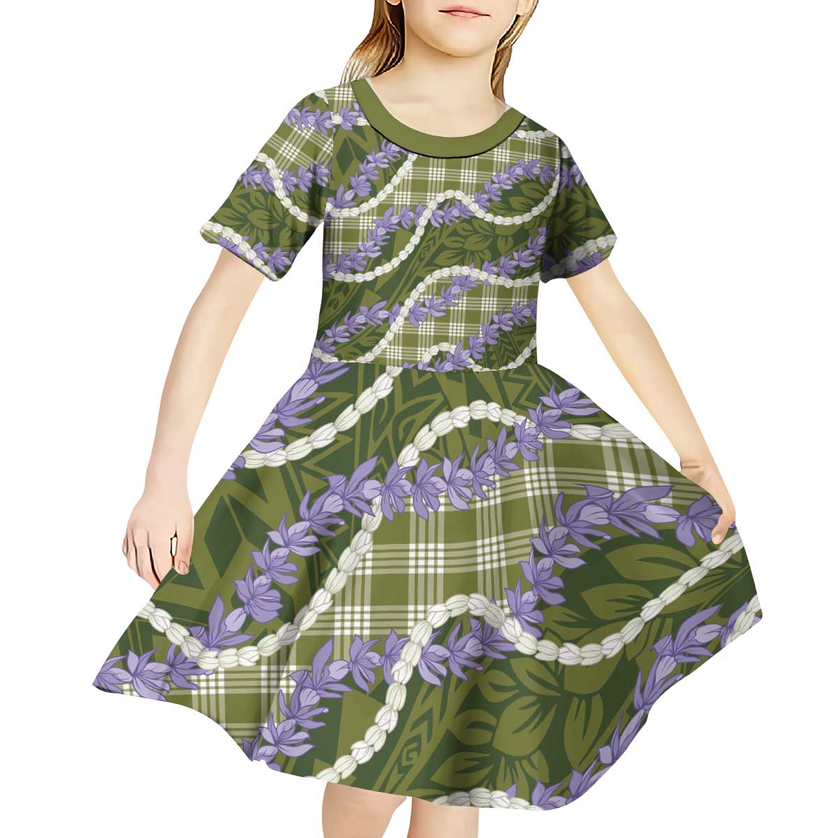 Green Hawaii Palaka Honohono Pikake Kid Short Sleeve Dress Hawaiian Orchid Lei Polynesian Pattern - Polynesian Pride