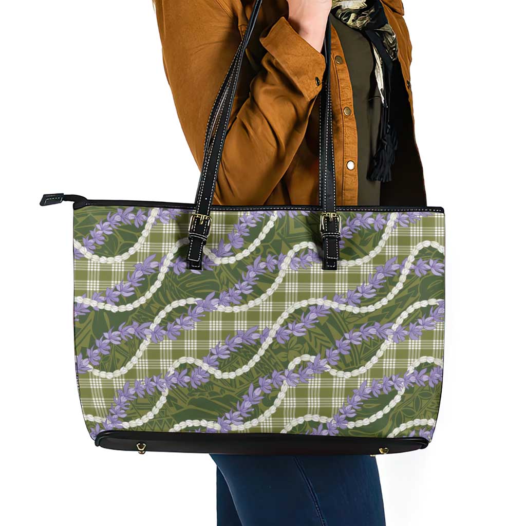 Green Hawaii Palaka Honohono Pikake Leather Tote Bag Hawaiian Orchid Lei Polynesian Pattern - Polynesian Pride