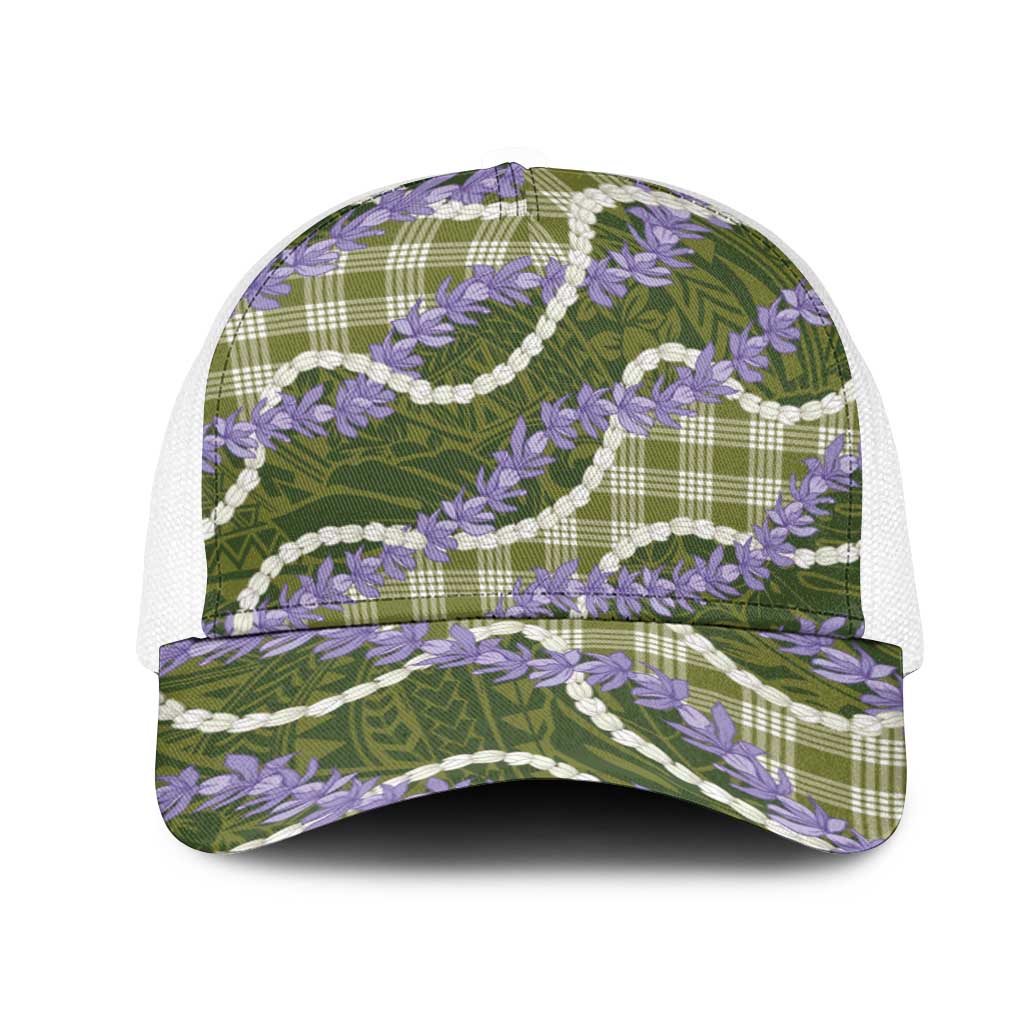Green Hawaii Palaka Honohono Pikake Mesh Trucker Cap Hawaiian Orchid Lei Polynesian Pattern - Polynesian Pride