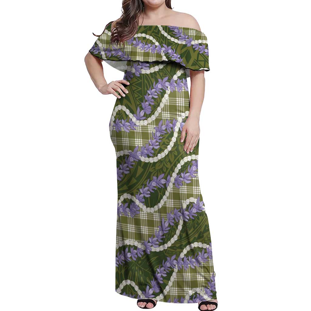 Green Hawaii Palaka Honohono Pikake Off Shoulder Maxi Dress Hawaiian Orchid Lei Polynesian Pattern - Polynesian Pride