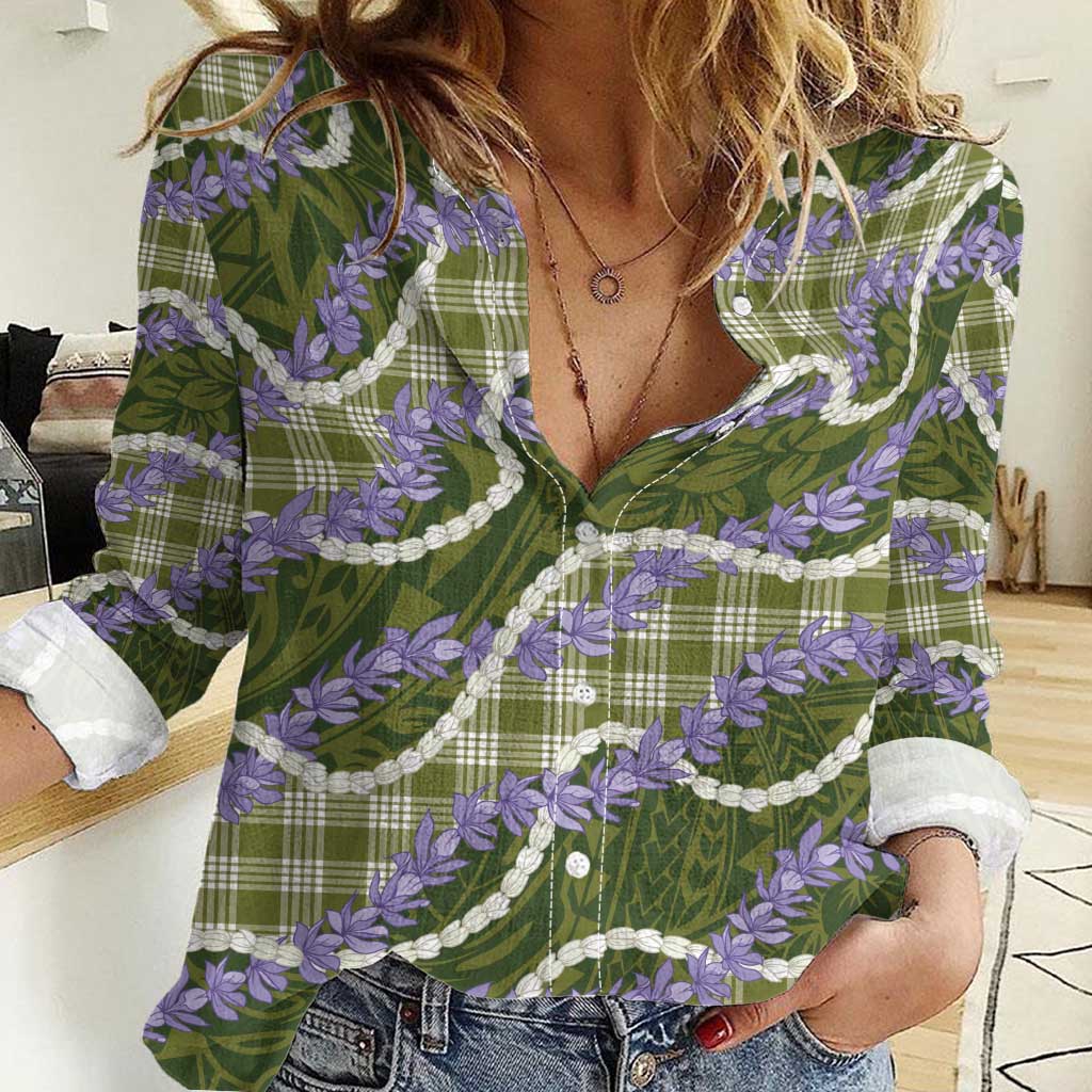 Green Hawaii Palaka - Honohono Pikake Women Casual Shirt - Hawaiian Orchid Lei Polynesian Pattern LT14 Female Green - Polynesian Pride
