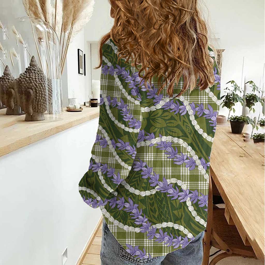 Green Hawaii Palaka - Honohono Pikake Women Casual Shirt - Hawaiian Orchid Lei Polynesian Pattern LT14 - Polynesian Pride