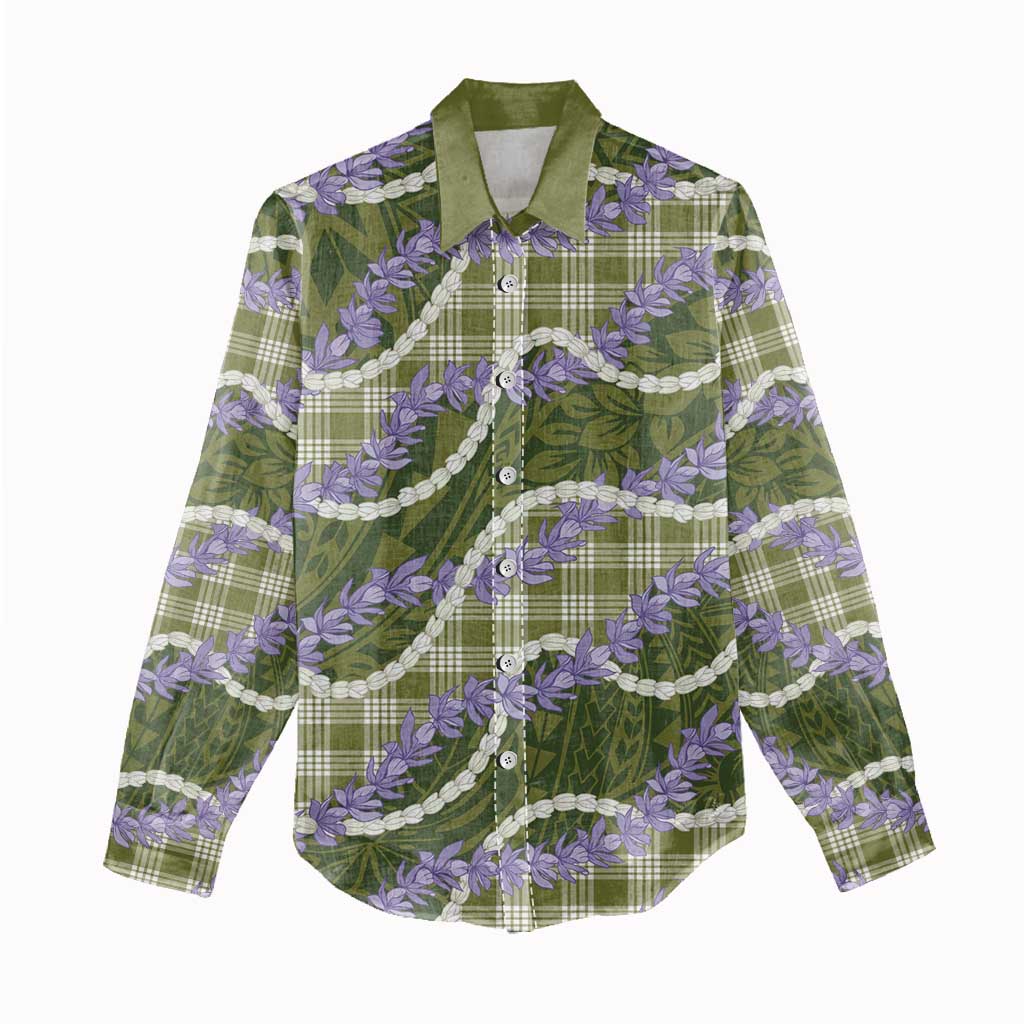 Green Hawaii Palaka - Honohono Pikake Women Casual Shirt - Hawaiian Orchid Lei Polynesian Pattern LT14 - Polynesian Pride