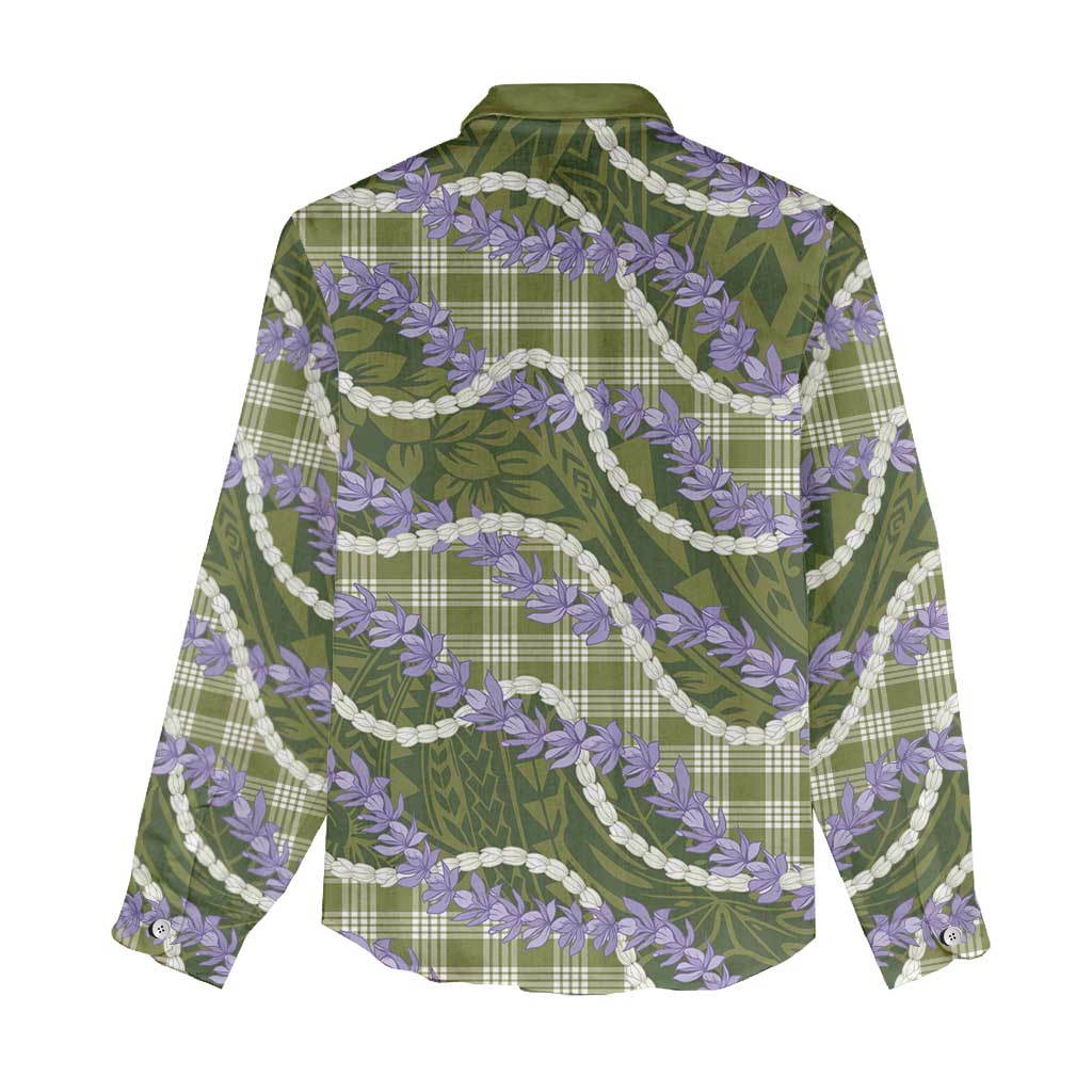 Green Hawaii Palaka - Honohono Pikake Women Casual Shirt - Hawaiian Orchid Lei Polynesian Pattern LT14 - Polynesian Pride