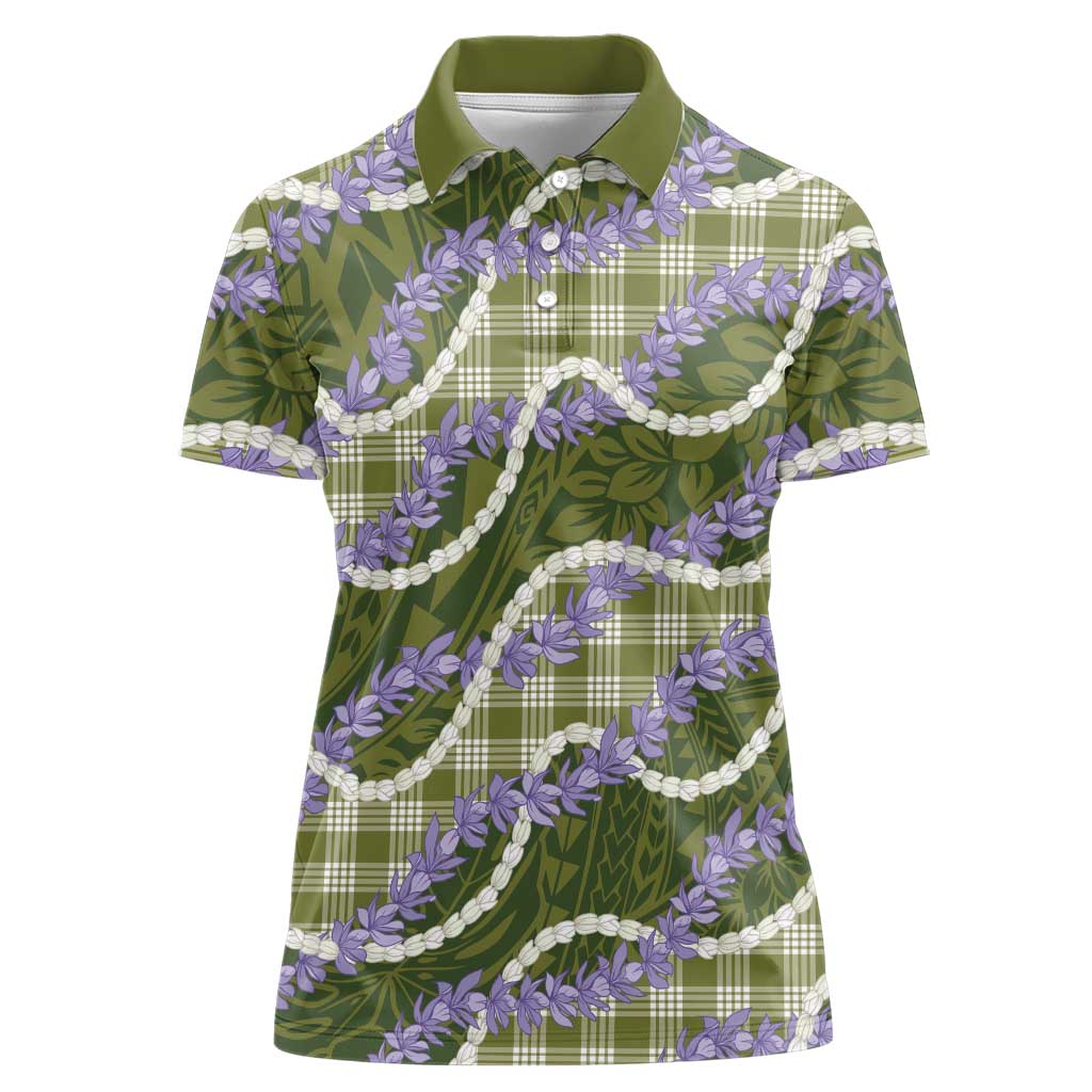 Green Hawaii Palaka Honohono Pikake Women Polo Shirt Hawaiian Orchid Lei Polynesian Pattern - Polynesian Pride