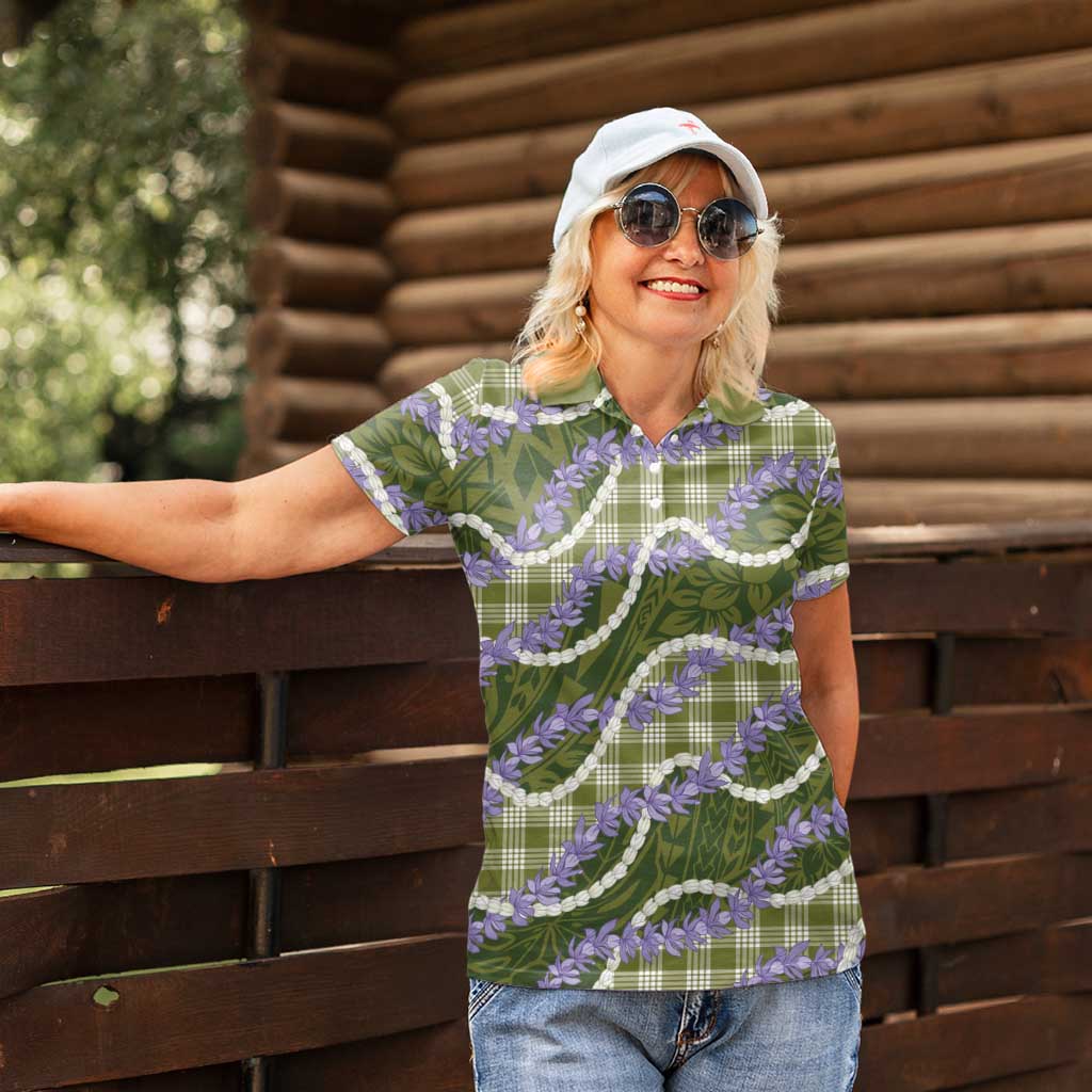 Green Hawaii Palaka Honohono Pikake Women Polo Shirt Hawaiian Orchid Lei Polynesian Pattern - Polynesian Pride