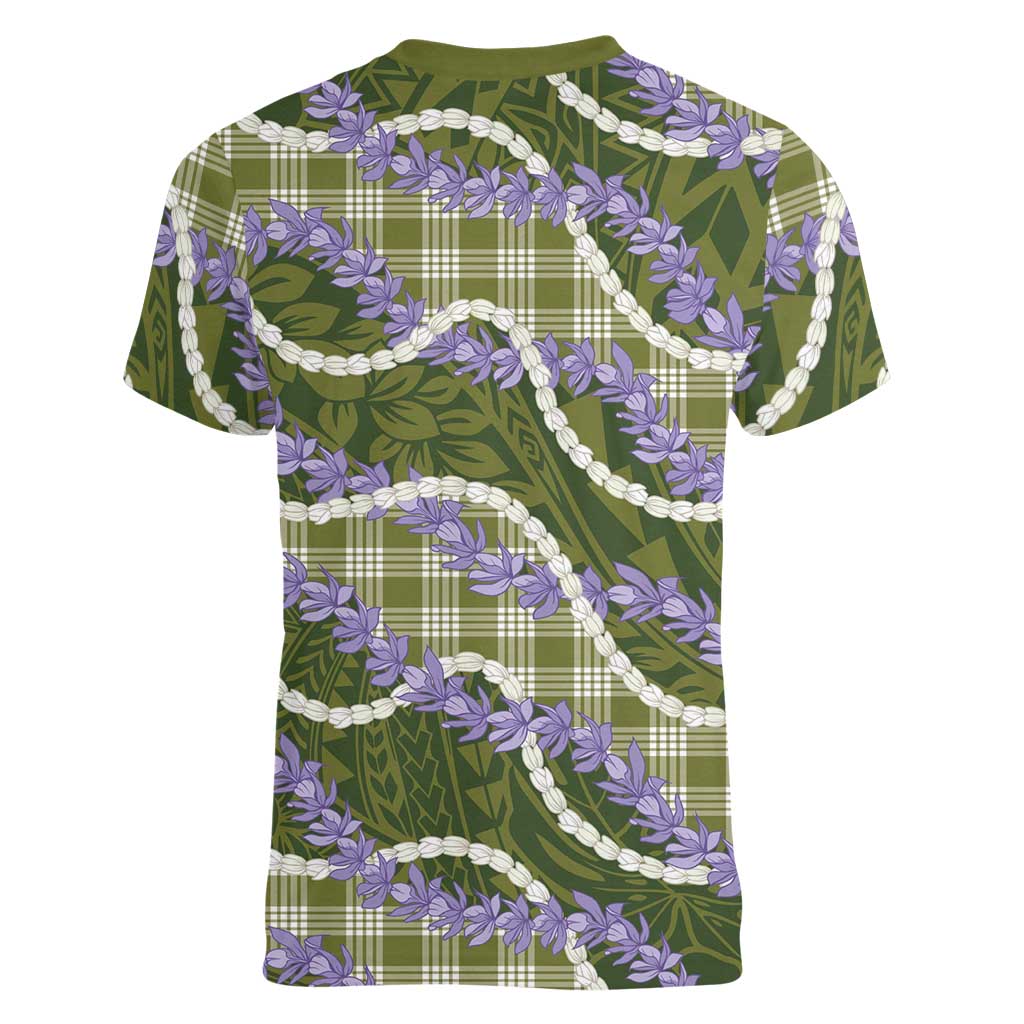 Green Hawaii Palaka Honohono Pikake Women V-Neck T-Shirt Hawaiian Orchid Lei Polynesian Pattern - Polynesian Pride