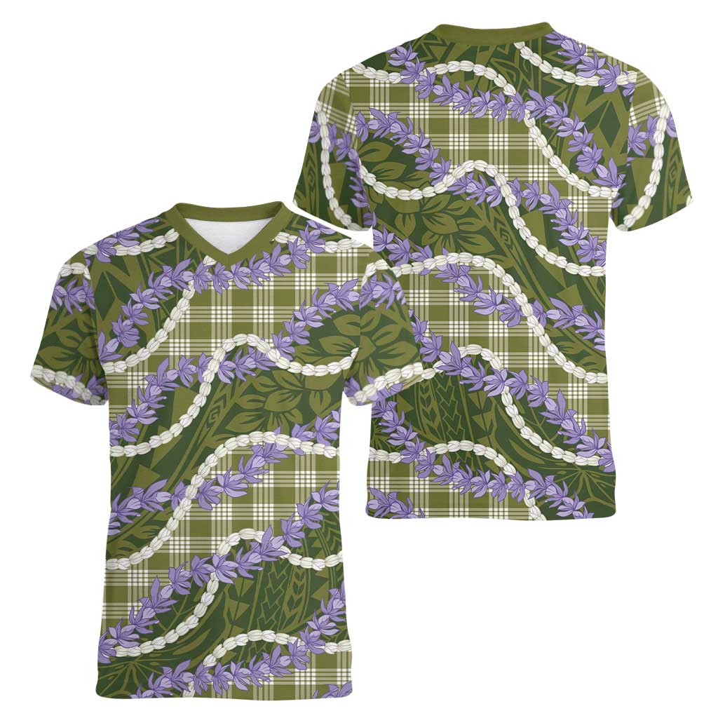 Green Hawaii Palaka Honohono Pikake Women V-Neck T-Shirt Hawaiian Orchid Lei Polynesian Pattern - Polynesian Pride