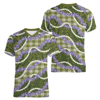 Green Hawaii Palaka Honohono Pikake Women V-Neck T-Shirt Hawaiian Orchid Lei Polynesian Pattern - Polynesian Pride
