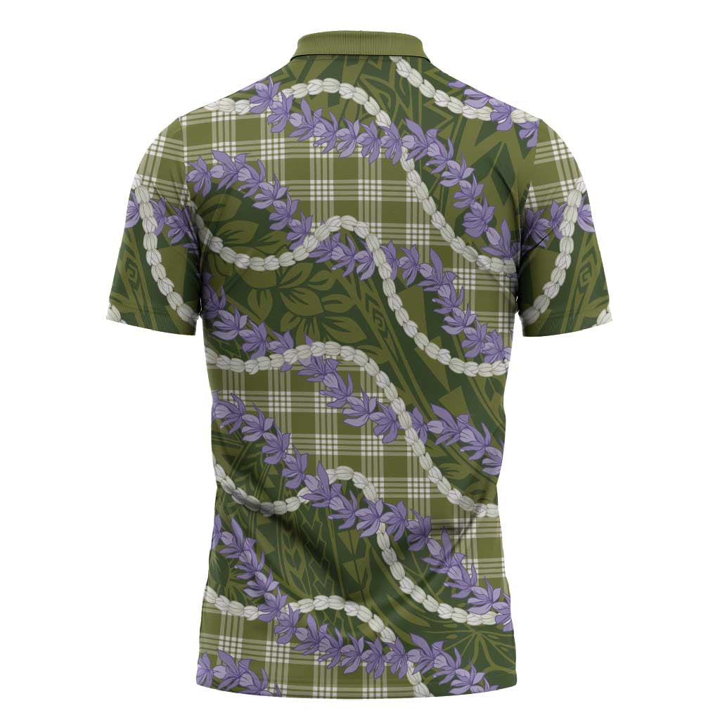 Green Hawaii Palaka Honohono Pikake Zipper Polo Shirt Hawaiian Orchid Lei Polynesian Pattern - Polynesian Pride