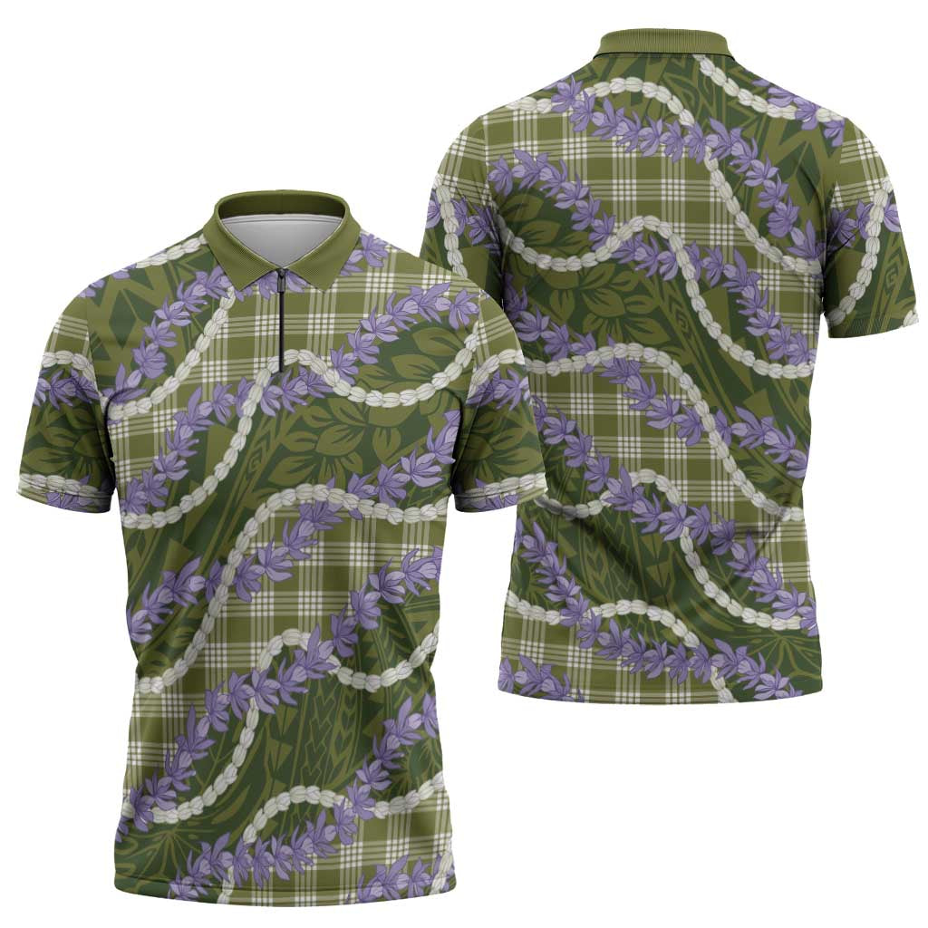 Green Hawaii Palaka Honohono Pikake Zipper Polo Shirt Hawaiian Orchid Lei Polynesian Pattern - Polynesian Pride