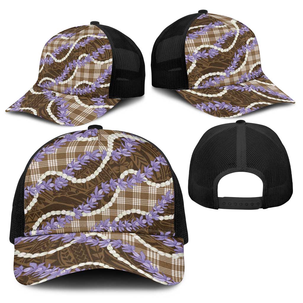 Brown Hawaii Palaka Honohono Pikake Baseball Net Cap Hawaiian Orchid Lei Polynesian Pattern - Polynesian Pride