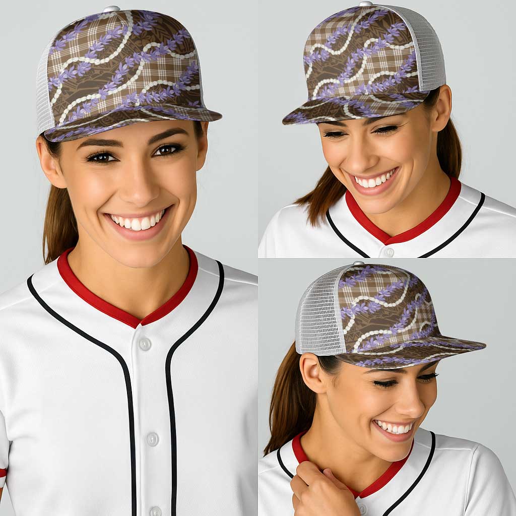 Brown Hawaii Palaka Honohono Pikake Baseball Net Cap Hawaiian Orchid Lei Polynesian Pattern - Polynesian Pride