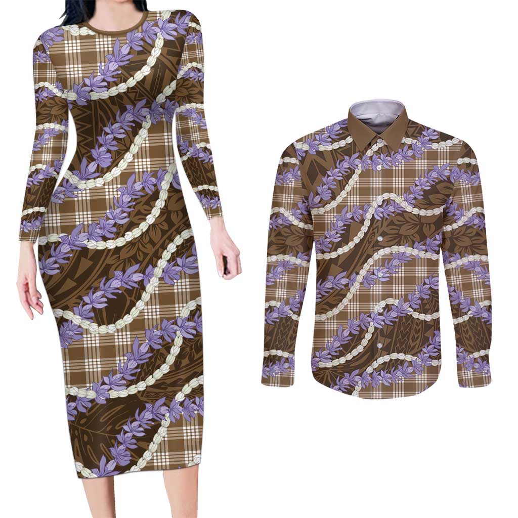 Brown Hawaii Palaka Honohono Pikake Couples Matching Long Sleeve Bodycon Dress and Long Sleeve Button Shirt Hawaiian Orchid Lei Polynesian Pattern LT14 Brown - Polynesian Pride